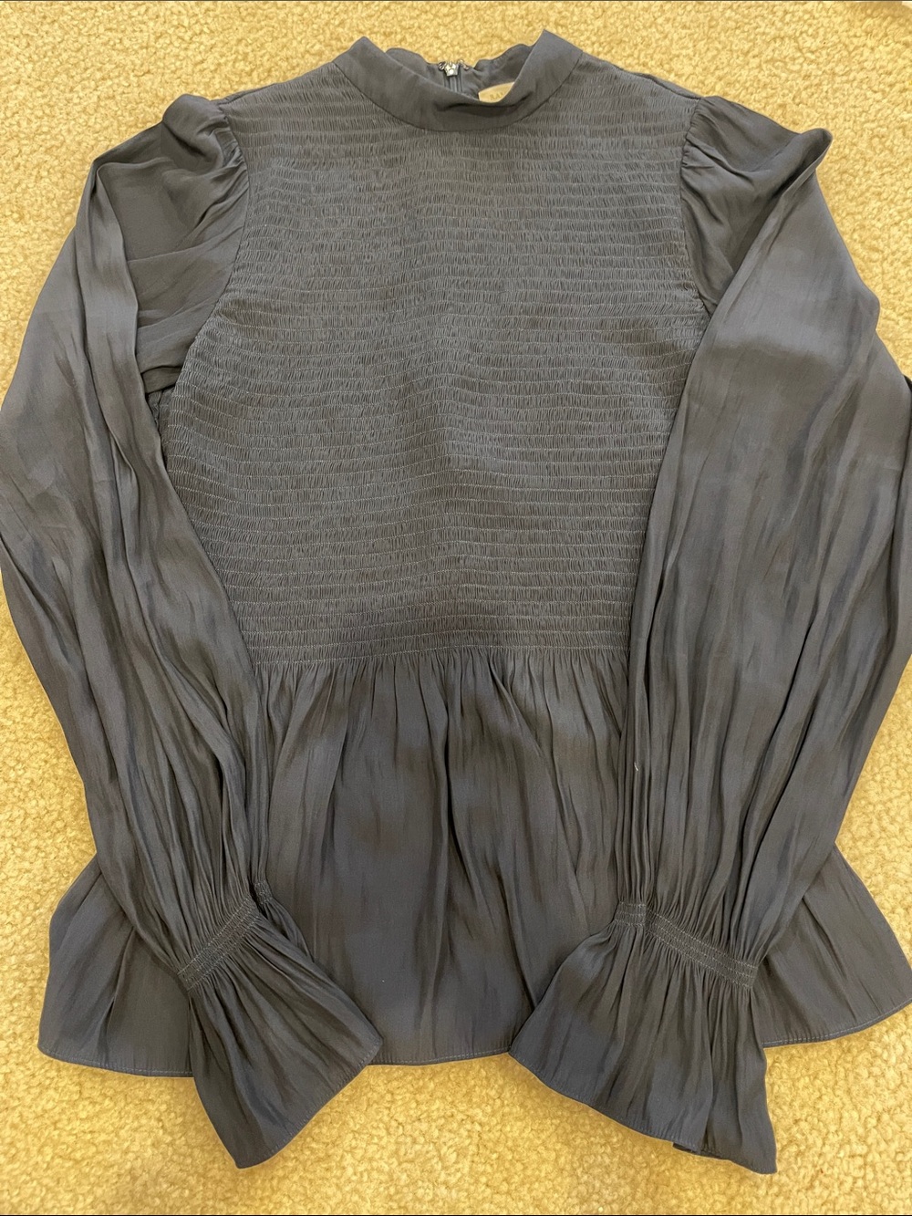 Ramy Brook Navy Smocked Blouse with Long Sleeves Size medium